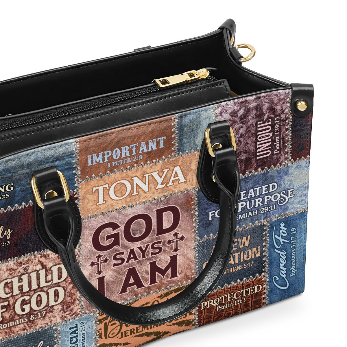 Personalized Christian Leather Handbag, God Says I Am Patchwork Scripture Handbag, Custom Name Religious Gift for Women BLAF22